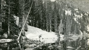 George Harvey, Jr. photographing a scene at Dream Lake at 5 am.