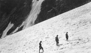 A group of women climb Andrews Glacier around 1913.