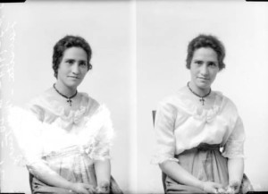 Two black and white portraits of a woman with a small smile. 