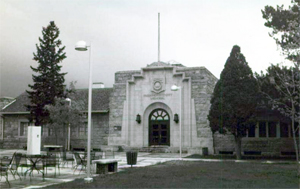 A black and white photo of the building. 