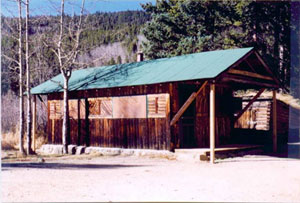 A picture of a building with overhanging green gabled roof and log walls. 