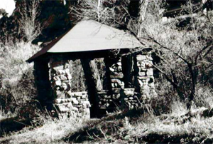 A black and white photo of a shelter in the park with stone corner pillars and hipped roof, surrounded by brush and leafless trees.