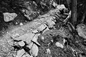 A black and white photo of part of the trail over a crag and some trees in the background. 