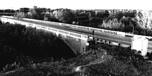 A black and white photo of the bridge from one side. 