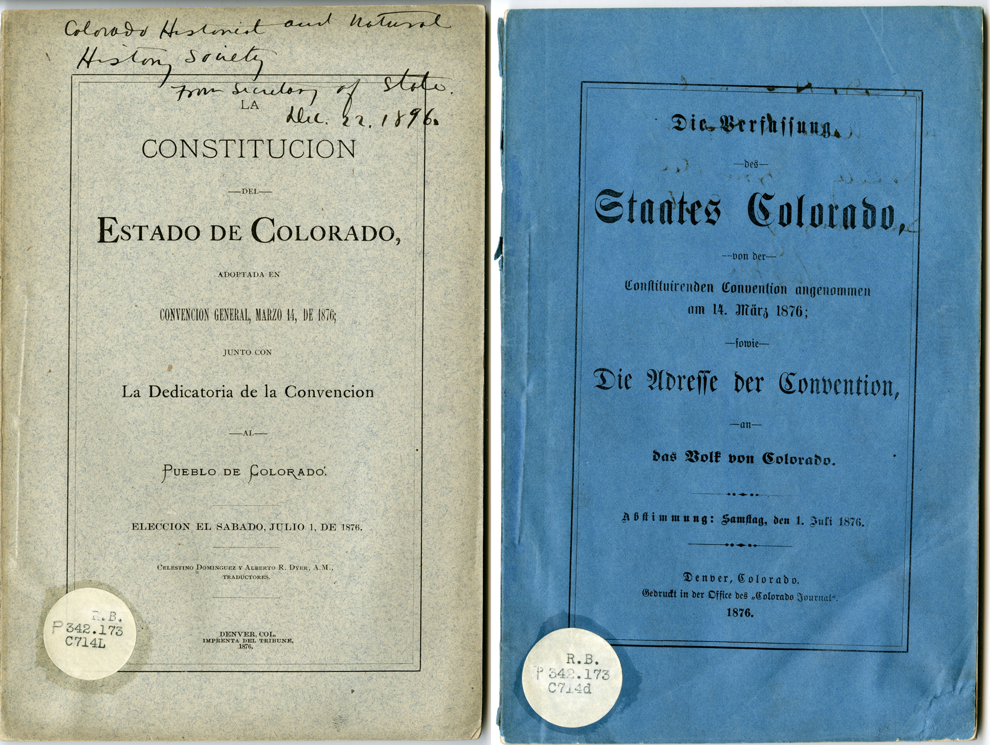 Covers of Spanish and German versions of Colorado Constitution