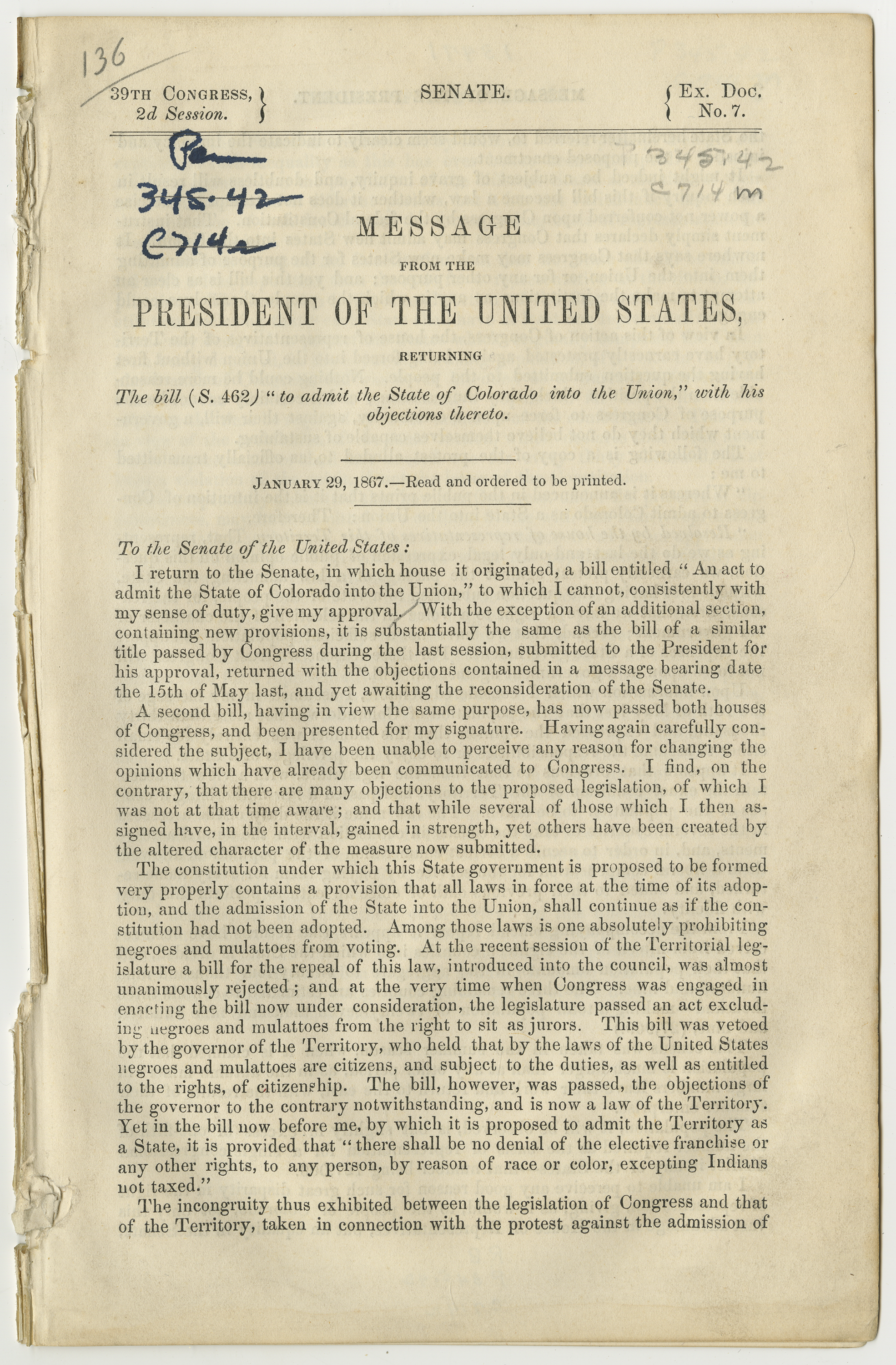 Copy of message from the President 1867