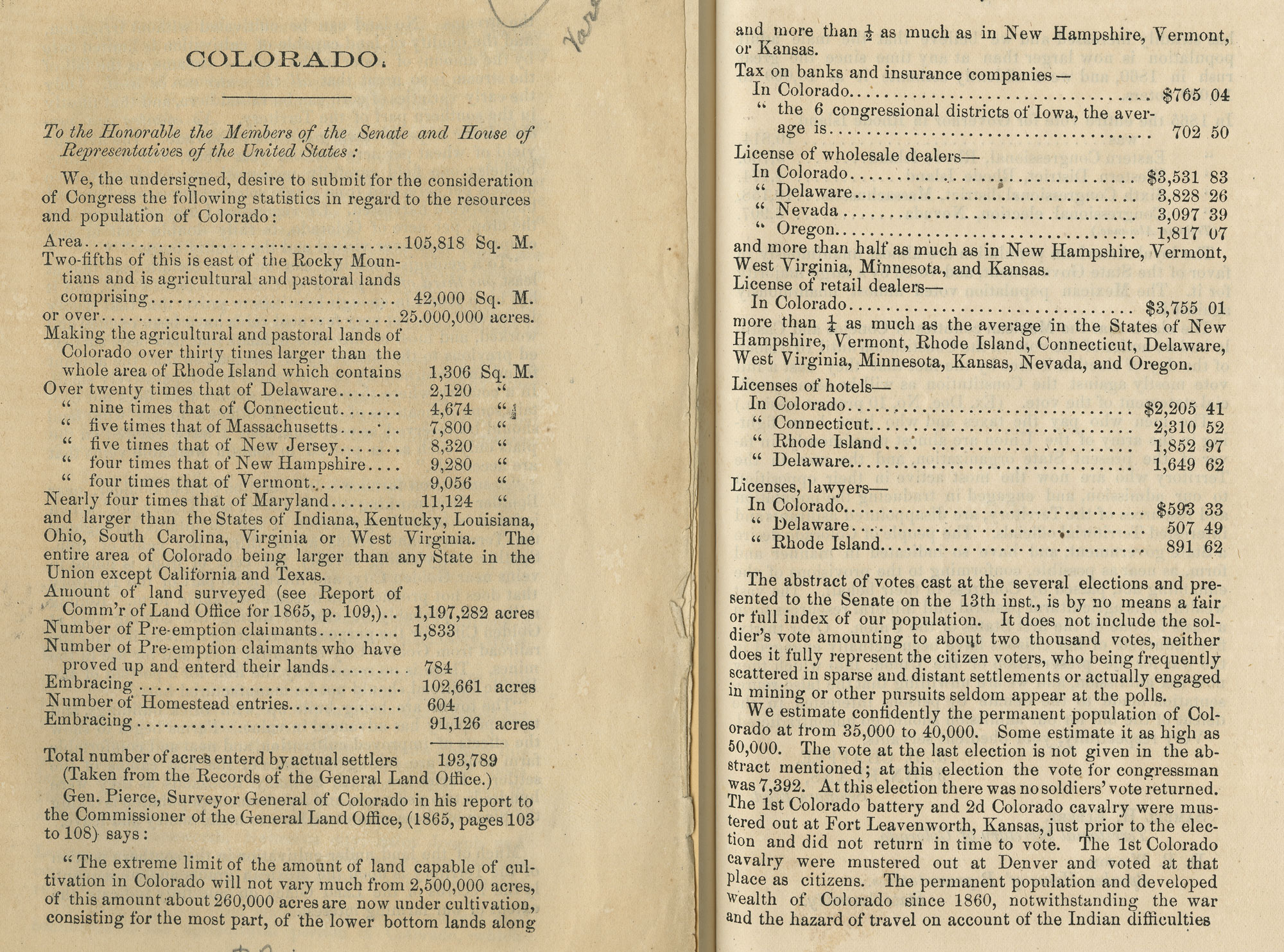 Copies of pages of Colorado statistics 1865