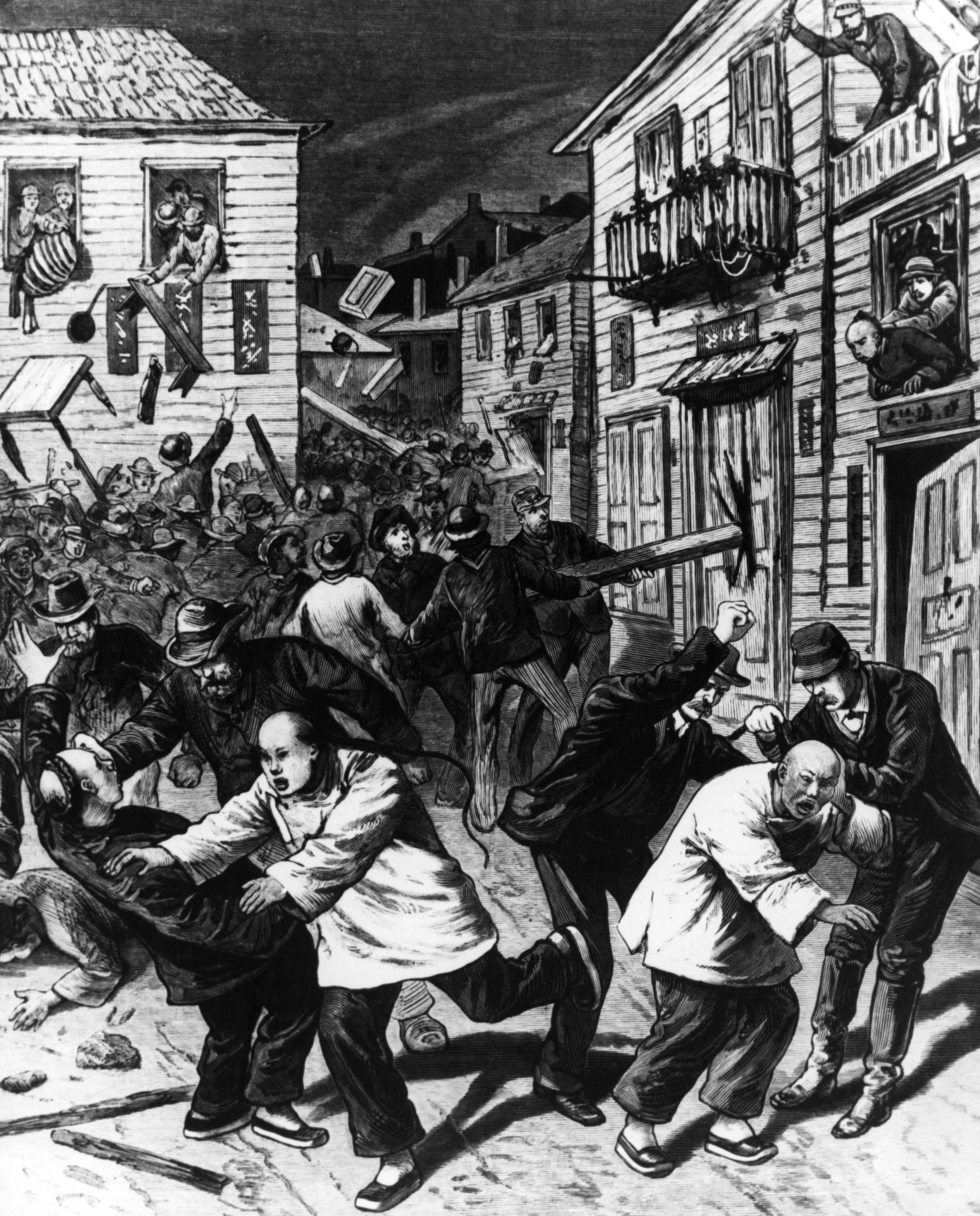 1880 illustration of anti-chinese riot in Denver