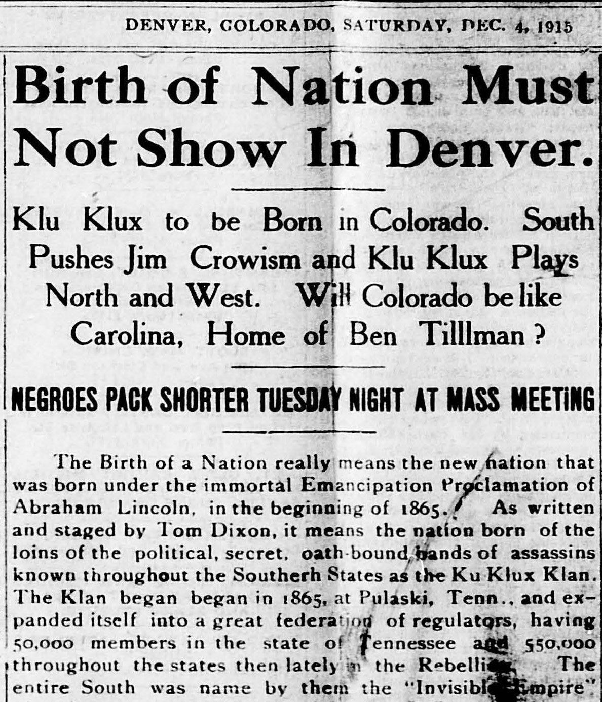 news clipping about Birth of a Nation from Denver Star 