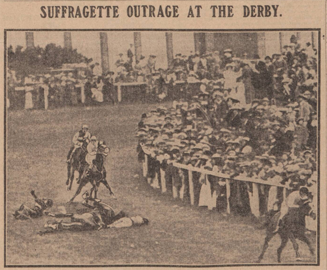 newspaper clipping reads suffrage outrage at the derby