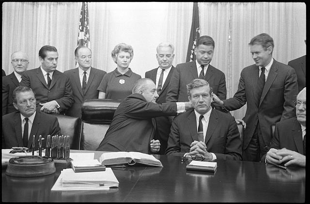1967, President Lyndon B. Johnson with some members of the National Advisory Commission on Civil Disorders (Kerner Commission) in the Cabinet Room of the White House, Washington, D.C.