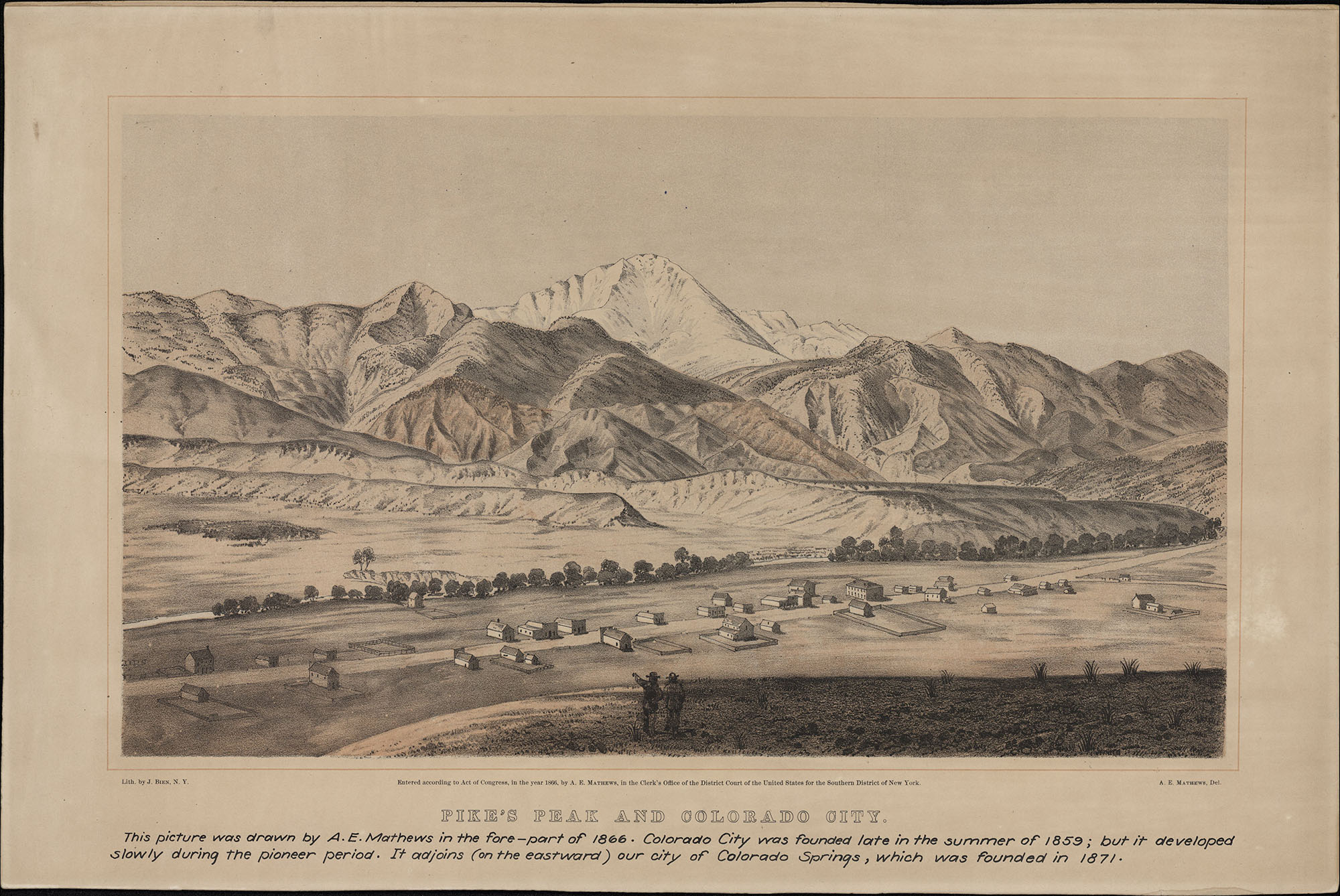 An 1886 lithograph depicting what Pikes Peak and Colorado City.