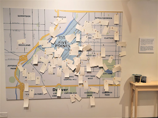 Map depicting five points in the exhibit. Pins with notes are covering signifcant Denver locations.