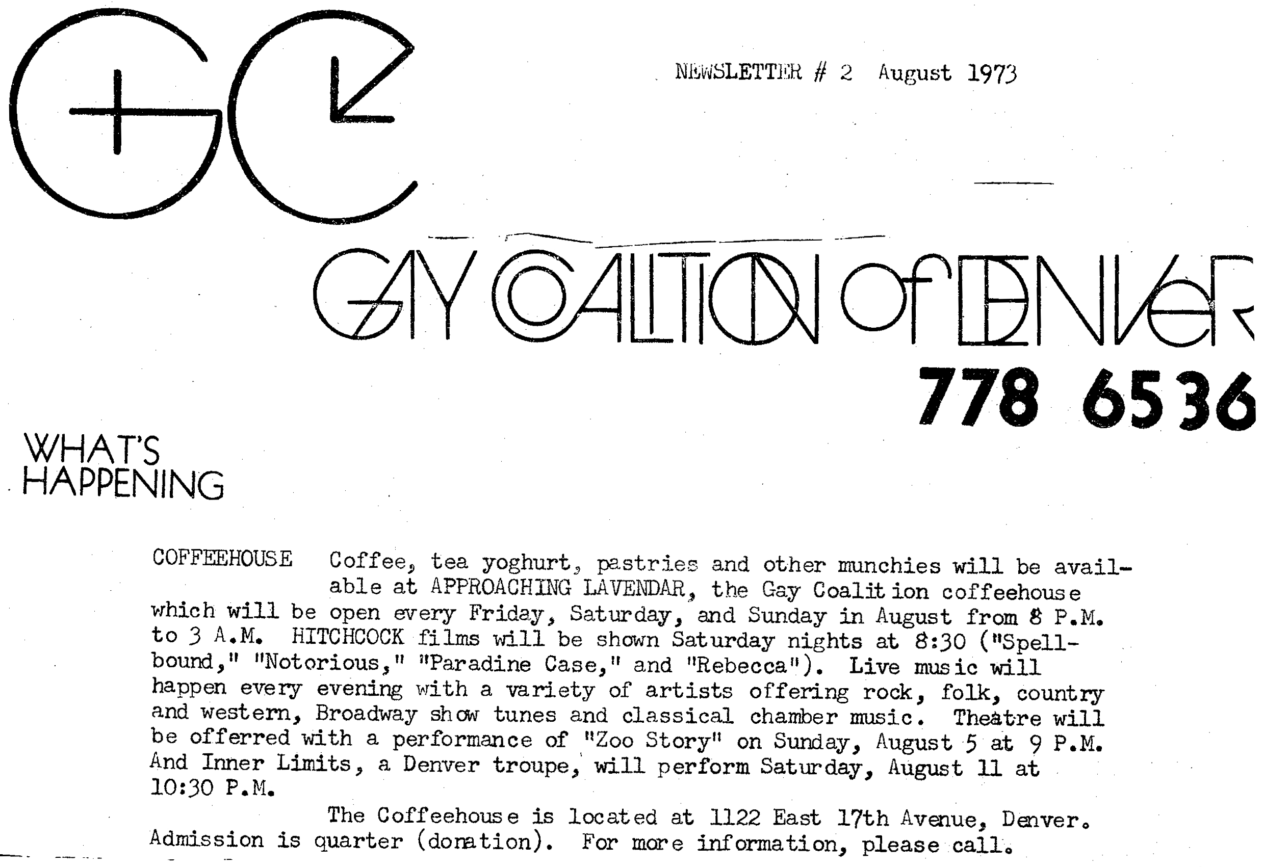 Newsletter #2, August 1973, of the Gay Coalition of Denver