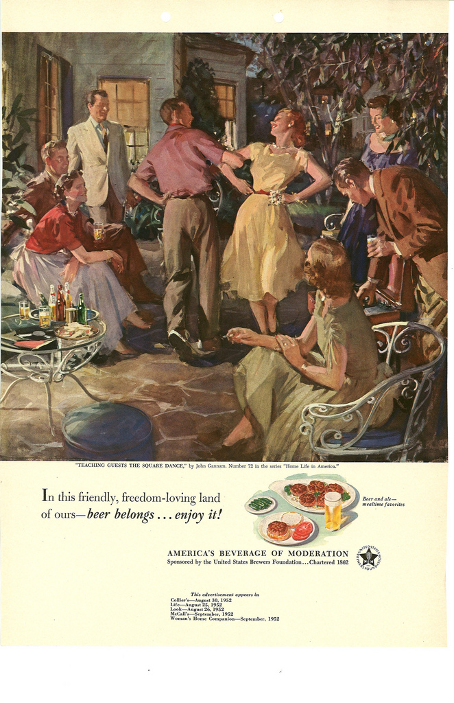 A 1940s-50s ad reading "In this friendly, freedom-loving land of ours, beer belongs. Enjoy it!"