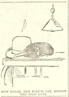An illustration of Satan the Cat curled up on a desk, with the caption: "How Satan the police cat spends cold days."