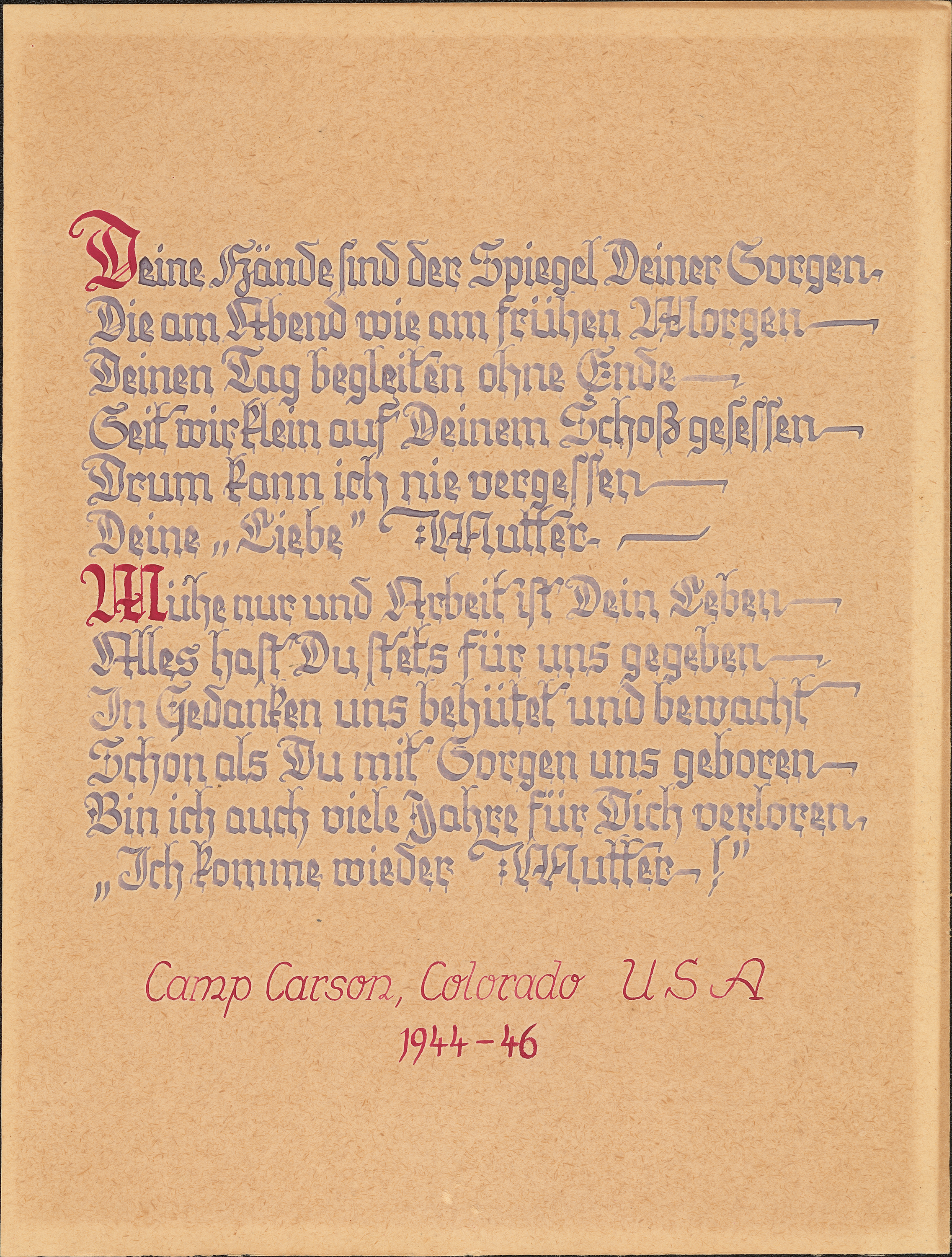 A framed German poem created by POW Jakob Biehl during his time at Camp Carson.