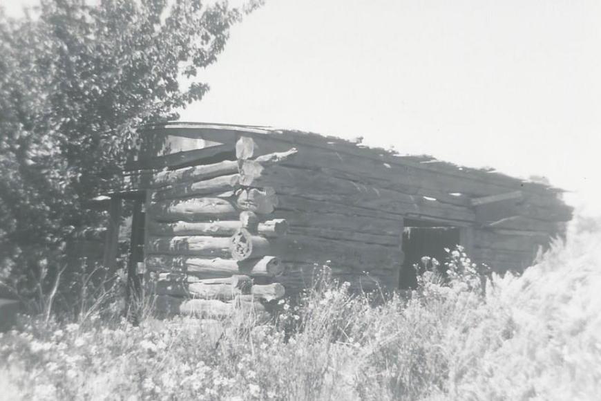 Historic photo showing the original log cabin on the Allen Family Homestead.
