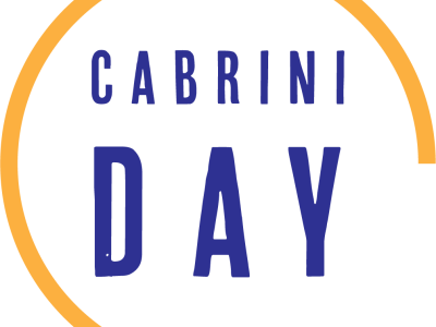 Image of the logo for Colorado Cabrini Day. The logo is comprised of a yellow line which creates three quarters of a circle, and inside of the circle are purple block letters which read "Cabrini" on the first line, then "Day" in larger sized font on the second line. The background is white.