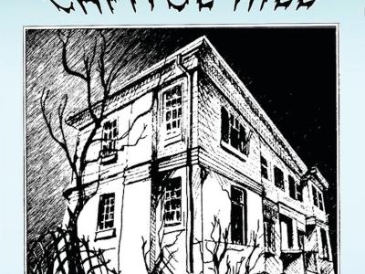 Image of the cover of a book titled, "The Ghosts of Denver: Capitol Hill" by Phil Goodstein. The bottom of the cover says "Revised Fifth Edition." There is an image in the center of the cover; it is a black and white illustration of a historic square building flanked by leafless trees and the sky above fades to black. The font used for the title and author name is spooky, as if the the letters are dripping. The black and white image and text is framed in a cool blue-green color.