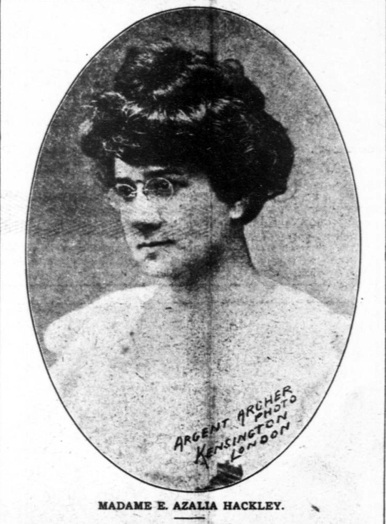 Vignette of Azalia Smith Hackley, with short, but full head of hair and glasses. Caption reads: Madame E. Azalia Hackley