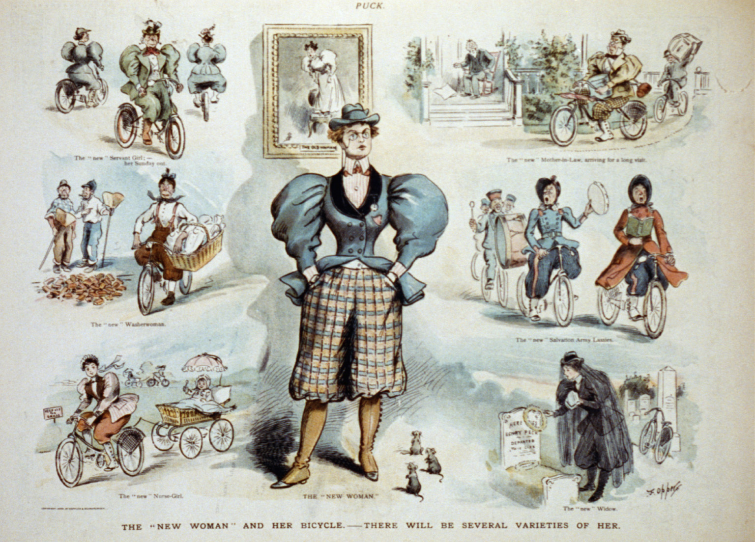 A Puck Illustration showing various caricatures of women on bicycles. 