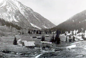 Historic photo of the Argentum Mining Camp, approximately 1900.