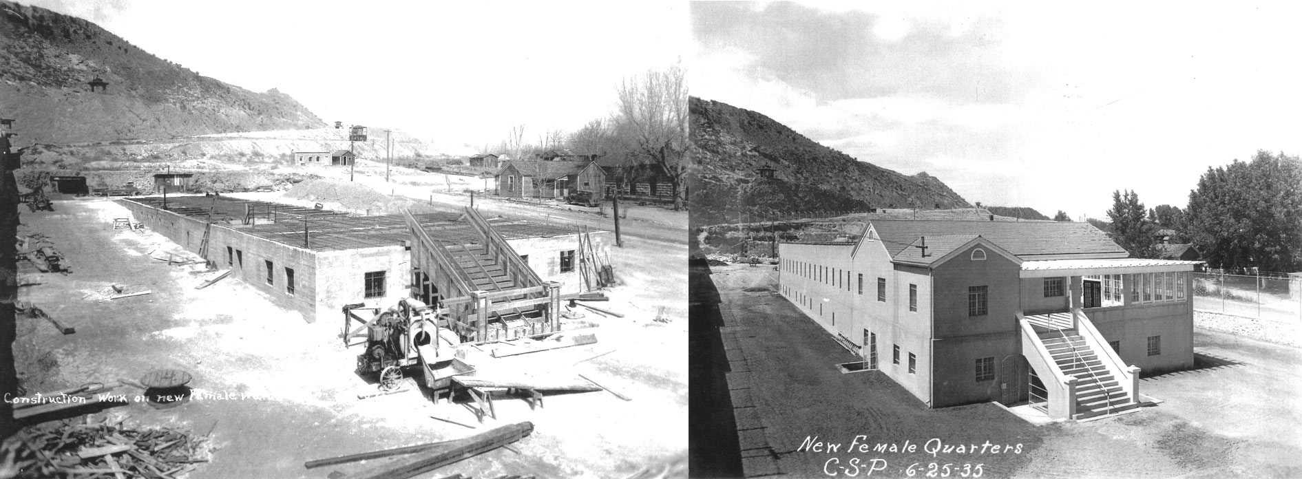 (Left) Construction of the women's ward, March 1934. (Right) The completed building.