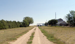 A view down a two-track towards buildings on the Hargreaves Homestead.