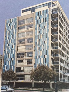 North face of 888 Logan Street. Mosaic tile was replaced by stucco in 1999.