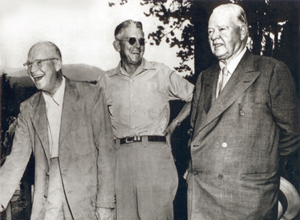 President Eisenhower, Carl Norgren, and President Hoover enjoy a delightful rendezvous at Byers Peak Ranch, also known as the Western White House, circa 1954.