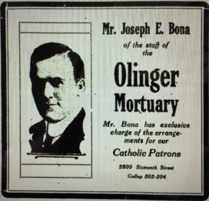 Olinger Mortuary advertisement featuring Joseph Bona.