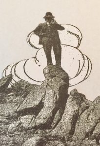 Drawing of Frank P. Loveland on the rocky summit of Mount Falcon.
