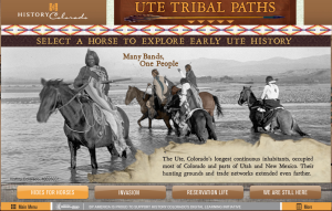 Screenshot of the Ute Tribal Paths online exhibit. Several men ride horses in the center of the screen.  