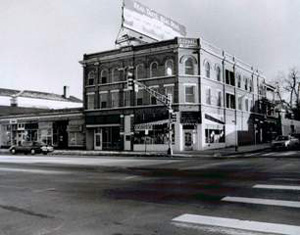 A black and white photo of the Austin building
