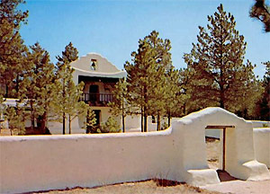 A view of the chapel with curved gable standing behind a solid wall in front and trees in the yard between.