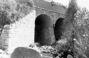 A black and white photo of the bridge with two large arches in the center and wall leading up to the brdige. There are bushes and shrubs on either side. 