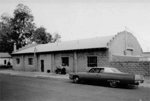 A black and white photo of the building. 