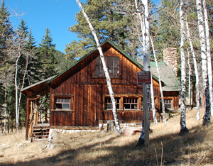 A side view of a cabin with gable roof and porch on the left side and aspen trees surrounding the house.