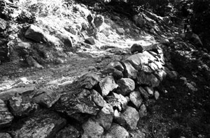 A black and white photo of a part of the trail with large stones beneath  and ascending slope on the side. 