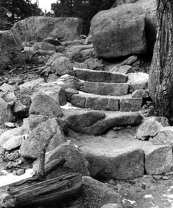 A black and white photo of some stones on the trail forming a set of steps. 