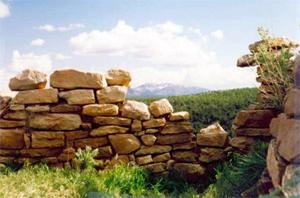 A photo of some large stacked stones making a wall before a forest and mountains in the background. 