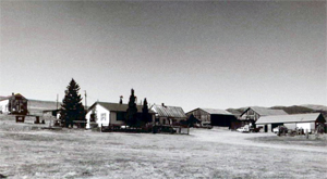 A black and white photo of the ranch with some buildings in the distance and a few evergreen trees. 