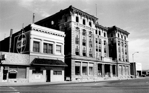 A photo of some of the buildings in the district in black and white.