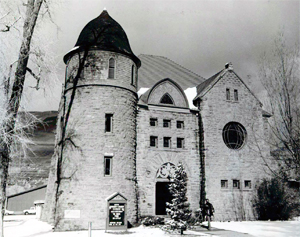 Black-and-white photo of the Aspen Community Church, 1974.