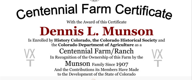 Part of the Centennial Farm certificate awarded to Dennis L. Munson.