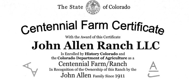 John Allen Ranch LLC Centennial Ranch certificate