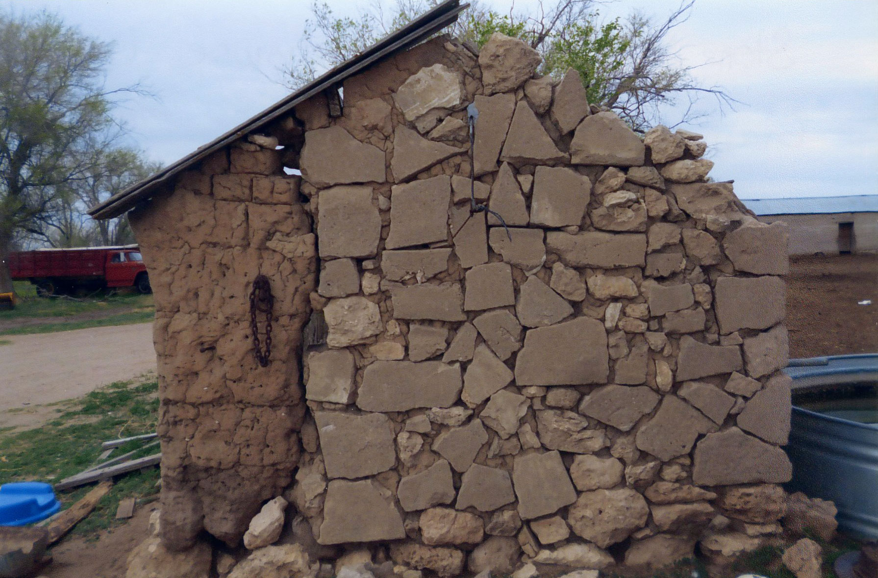 Building made of adobe and stone blocks.