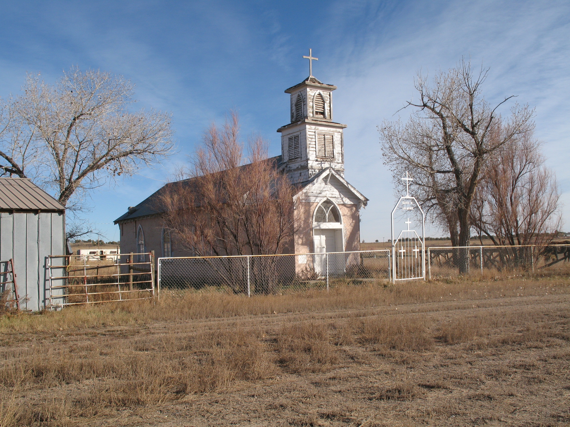 A long shot of Iglesia de San Antonio Catholic Church in Tiffany, Colorado