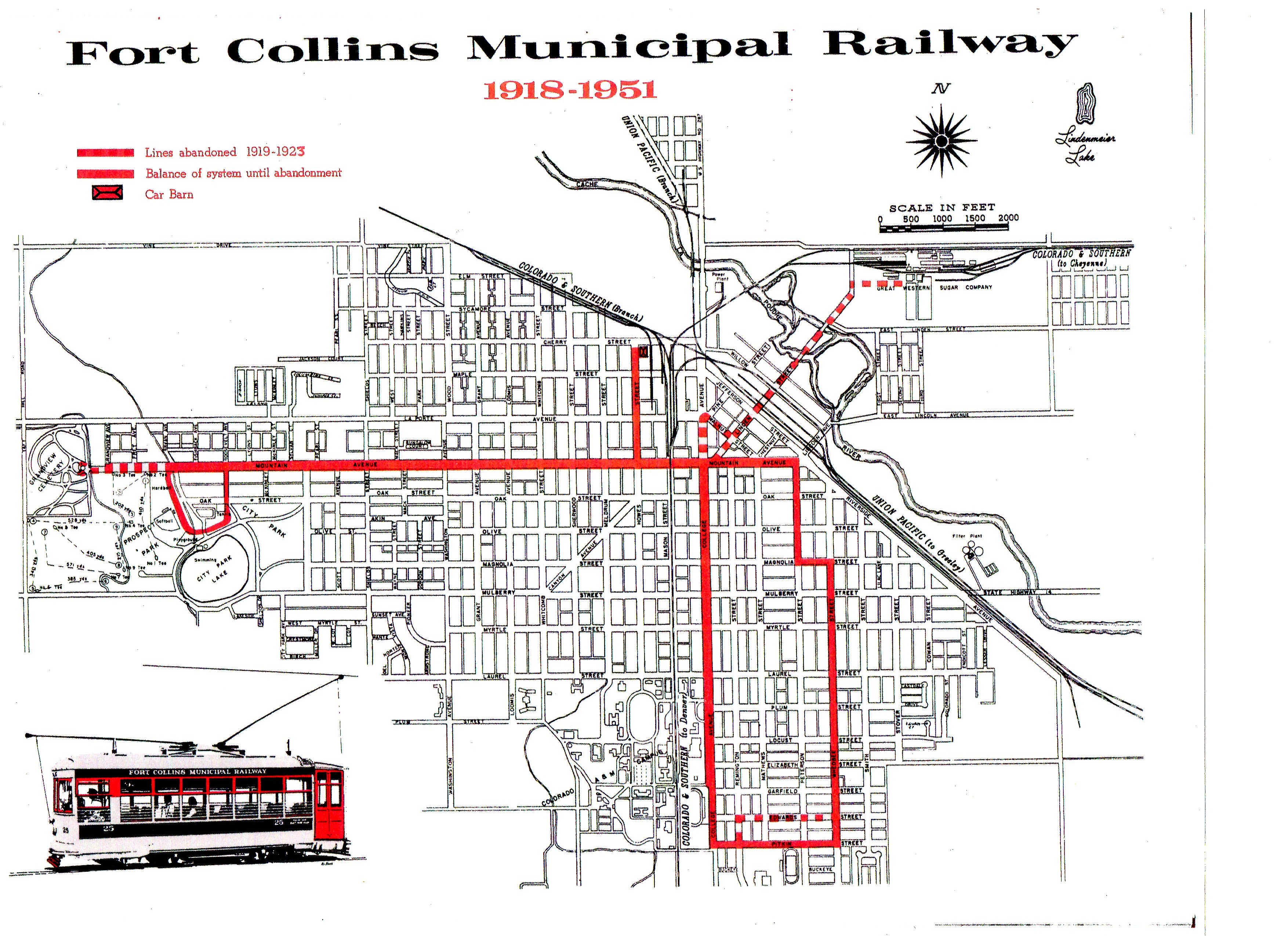 map of Fort Collins' trolley lines 1918-1951